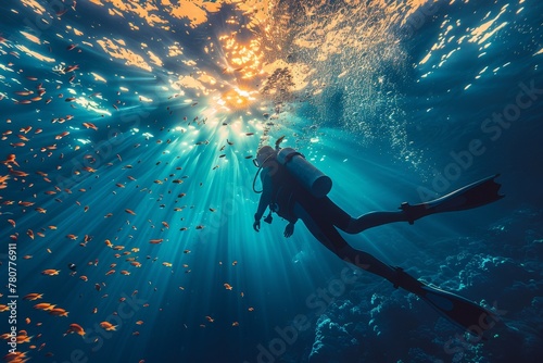 An awe-inspiring scuba diver explores a vibrant underwater realm, basking in sunbeams that penetrate the ocean's surface midst a school of fish © Larisa AI