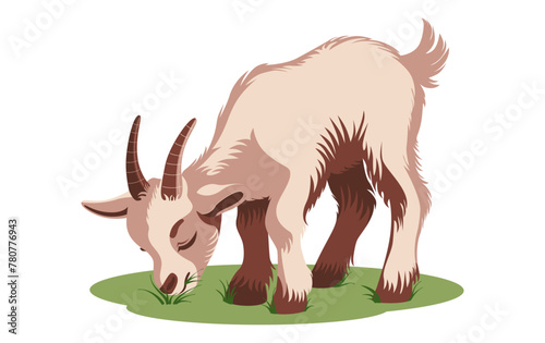 Goat. Grazing in the meadow. Vector drawing of a cartoon four-legged character. Domestic animal in crops. Cute goat in flat style. Small child  brute. Icon  illustration  web design  print.