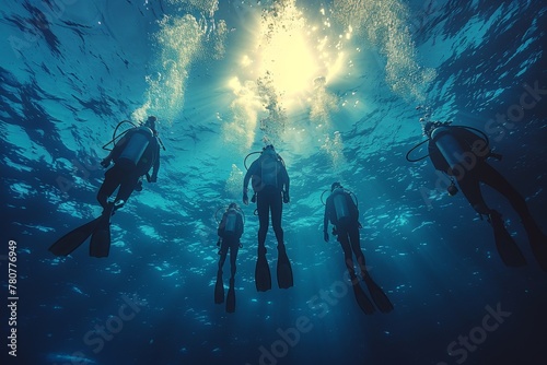A silent, calming image of a team of scuba divers gracefully ascending towards the brilliant light at the ocean's surface © Larisa AI