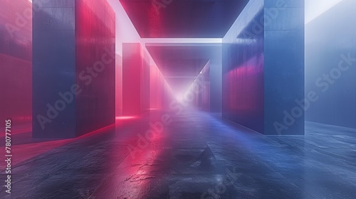  A long hallway with alternating red and blue wall sections