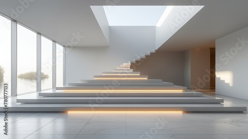  A set of stairs ascends to a skylight in a room with white walls and tall windows reaching from floor to ceiling