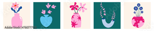 Collection of various abstract plants in geometric vases.  Different types of flower bouquets vector illustration set in cartoon, groovy, funky style. Spring, summer floral elements stickers bundle  