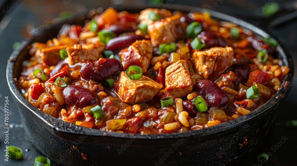   A tight shot of a black backdrop displaying a bowl filled with meat and beans Green onions gracefully rest beside it