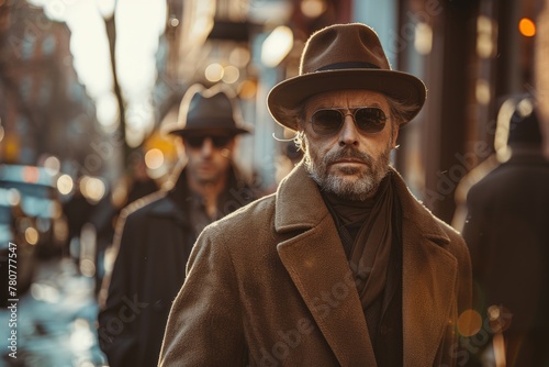 A pensive man dons a brown coat and hat with a blurry city street backdrop exuding a mysterious ambiance © Larisa AI