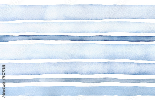 Striped watercolor abstract background, hand-drawn on a white background. The blue horizontal texture lines are isolated. An element for design, decoration with a place for text.