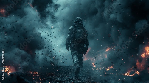   A man in a gas mask walks through a fiery field, emitting heavy plumes of smoke from behind © Jevjenijs