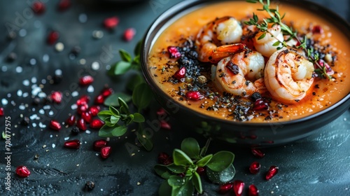  A tight shot of a bowled meal featuring shrimp and garnishes atop a table, surrounded by pomegranates