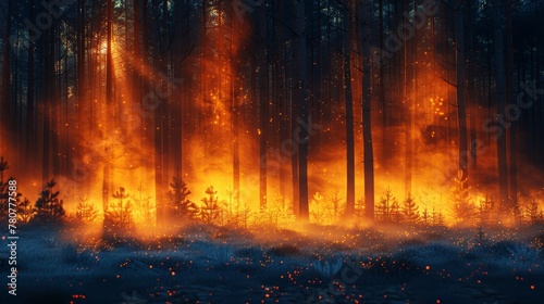 A forest ablaze with numerous fires, emitting copious amounts of smoke amidst the night