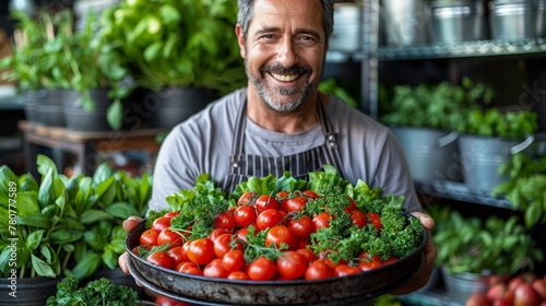   A man holds a platter displaying tomatoes and broccoli in front of a shelved array of potted plants