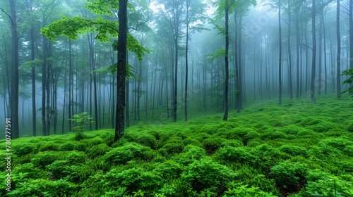   A lush  green forest teeming with numerous trees and bushes on a foggy day  nestled in the heart of the woods