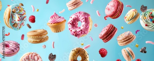 Collection of many flaying donut, cupcake and other sweet cake on blue background, bakery concept.
