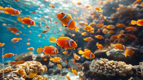   A sizable school of orange-and-white fish swim in a vast aquarium teeming with corals and smaller fish © Jevjenijs