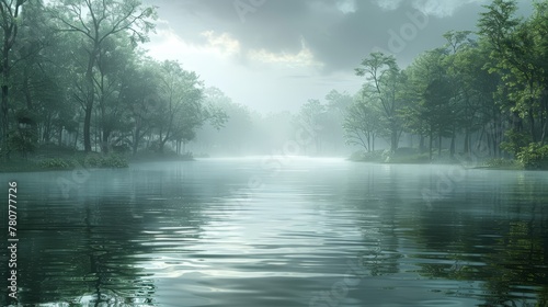  A fog-shrouded body of water encircled by trees, sun piercing cloud distance