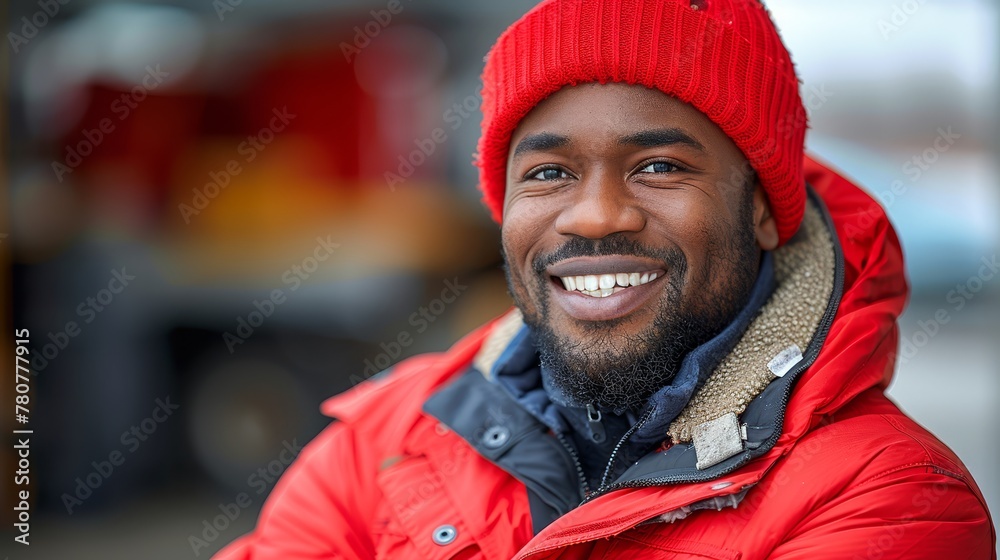 A person tightly frames in a red hat and red jacket, with a fire truck visible behind them, its blue body contrasting the red attire A person tightly frames in a red hat and red jacket, with a fire truck visible behind them, its blue body contrasting the red attire