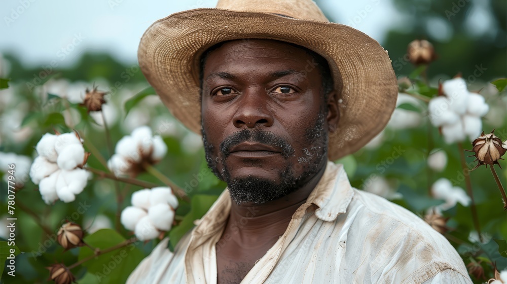   A man in a straw hat stands amidst a field of cotton plants and flowers, against a backdrop of a clear blue sky