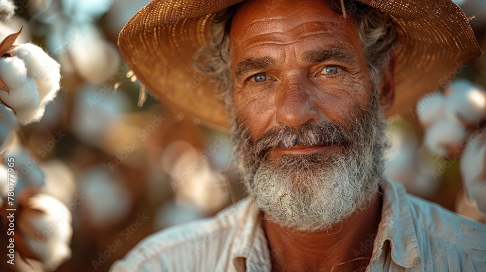   A tight shot of a bearded man in a blue shirt and wearing a straw hat