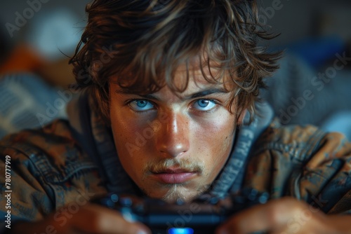 Intently focused young male gamer playing with a gamepad, highlighted by cool-toned lighting