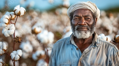  A man in a white turban stands before cotton field, blue sky background