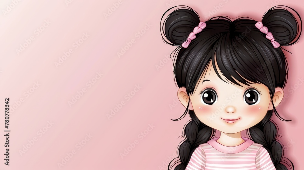 A small girl boasts long black tresses Her attire consists of a pink-white striped shirt, and she adorns a pink ribbon in her hair A small girl boasts long black tresses Her attire consists of a pink-white striped shirt, and she adorns a pink ribbon in her hair