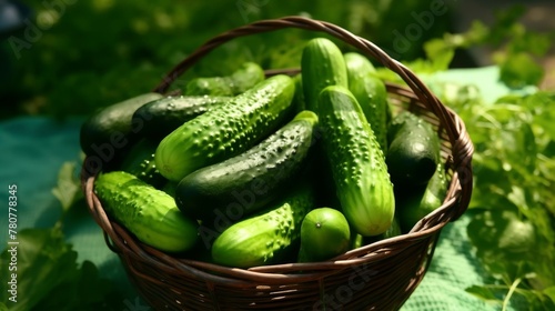Basket showcasing an ample harvest of fresh green cucumbers