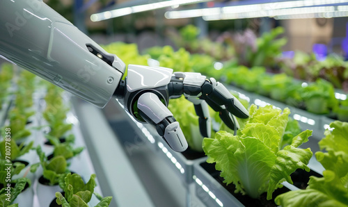 Robot Arm Tending Lettuce in High-Tech Indoor Farm
