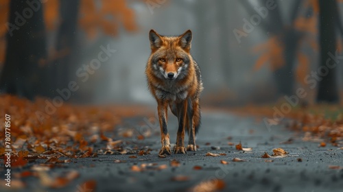  A red fox posed in a forest road, surrounded by autumnal leaves and towering trees