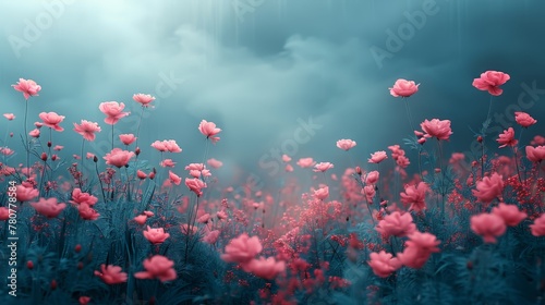   A scene of pink blooms in the foreground against a backdrop of blue sky and a solitary cloud