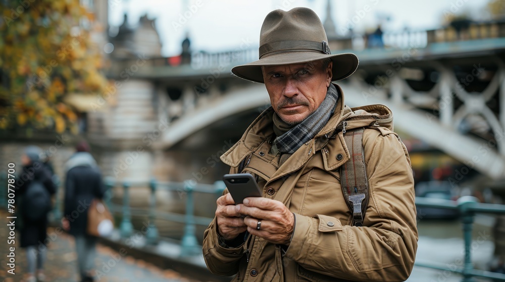  A man in a hat gazes at his cell phone, standing before a bridge Bridge looms in the background