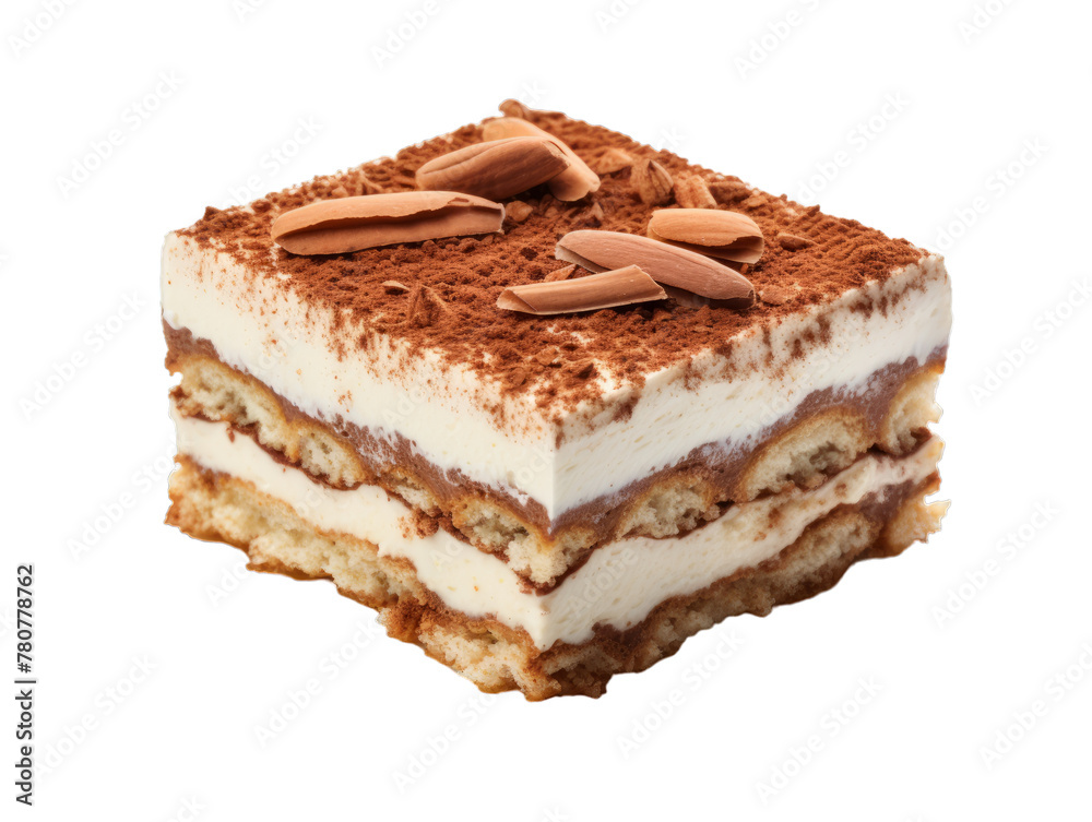 Almond Tiramisu isolated on transparent png background. Generative ai Almond Tiramisu isolated on transparent png background. Generative ai