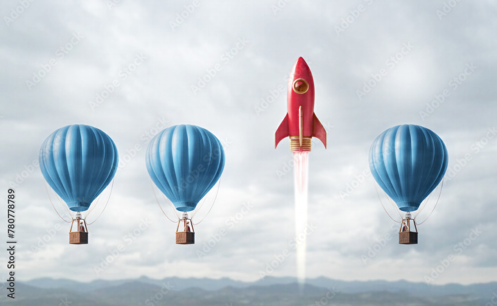 Obraz premium Business competitive advantage success as a group of hot air balloons racing to the top but an individual leader winning the competition using a bold solution