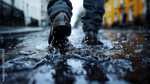  Person walks in rain, feet submerged in puddled city street; backdrop of towering buildings