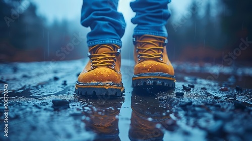  A tight shot of feet clad in yellow boots walking on a slick road Trees loom in the backdrop
