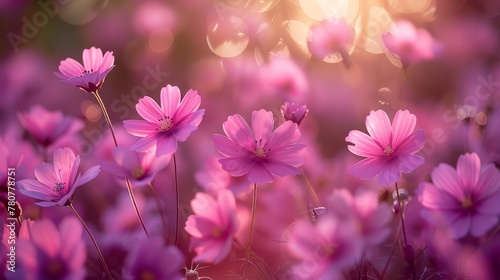   A field filled with pink flowers  sun shines through rightside blooms © Jevjenijs