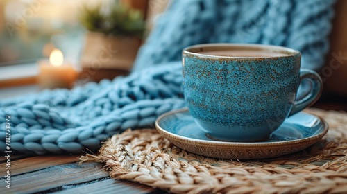   A blue cup atop a saucer on a wooden table, next to a folded blue blanket