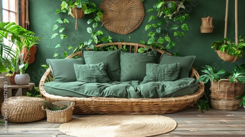   A wicker couch with green pillows and a green wall adorned with potted plants behind it photo
