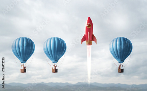 Business competitive advantage success as a group of hot air balloons racing to the top but an individual leader winning the competition using a bold solution