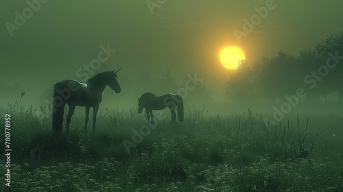   A few horses graze on a verdant field  surrounded by fog  with the sun hiding behind
