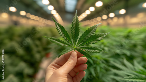 Nahaufnahme einer Hand, die ein Cannabisblatt hält, mit unscharfer Cannabis Plantage im Hintergrund, Konzept für den legalen Anbau von Marihuana