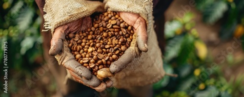 Close up of the farmes hand holding coffee beans in farm. photo