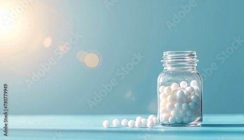 homeopathic balls in a glass jar, strewn,  sunlight, on a blue background photo