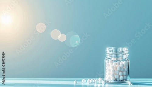 homeopathic balls in a glass jar, strewn, sunlight, on a blue background