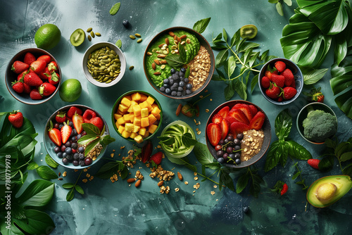 A colorful assortment of fruits and vegetables are displayed on a table. The table is covered with bowls of various sizes, each containing a different type of fruit or vegetable