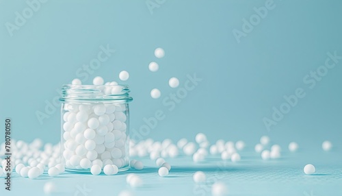 homeopathic balls in a glass jar, strewn, sunlight, on a blue background