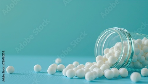 homeopathic balls in a glass jar, strewn, sunlight, on a blue background