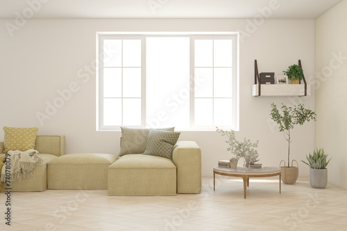 White living room with sofa. Scandinavian interior design. 3D illustration