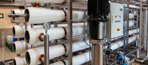 Array of reverse osmosis membranes in modern water treatment plant.