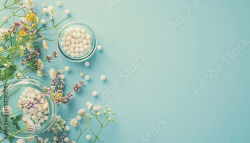 homeopathic balls in a glass jar, strewn, medicinal plants, sunlight, on a blue background photo