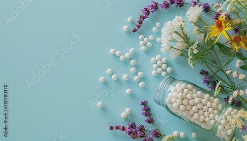 homeopathic balls in a glass jar, strewn, medicinal plants, sunlight, on a blue background
