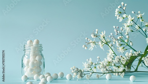 homeopathic balls in a glass jar, strewn, medicinal plants, sunlight, on a blue background