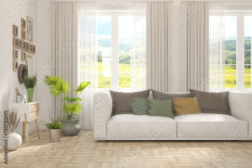 White living room with sofa and summer landscape in window. Scandinavian interior design. 3D illustration